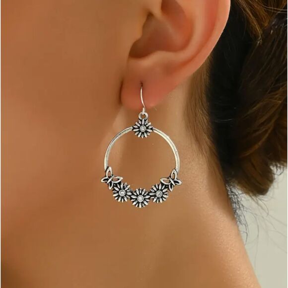 Silver Flower Hoop Earrings Floral Dangle - Picture 2 of 9